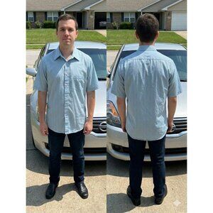 Vintage 90s Hennessy by Van Heusen Men's 16.5 Fitted Blue Pinstripe Dress Shirt